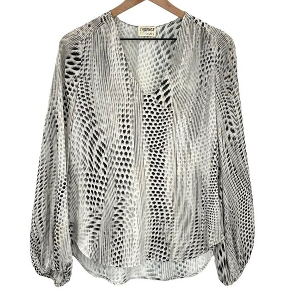 L’Agence x Intermix Blouse Long Sleeve Silky V-Neck Mixed Print Black Ivory | 0 - Picture 2 of 10
